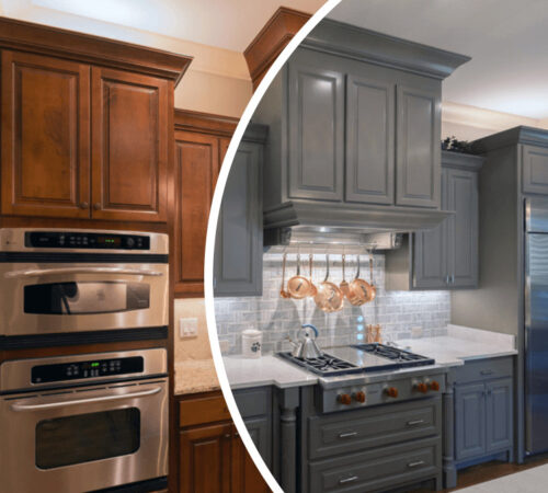 BA a before and after of a cabinet refinishing project to help restore old cabinets